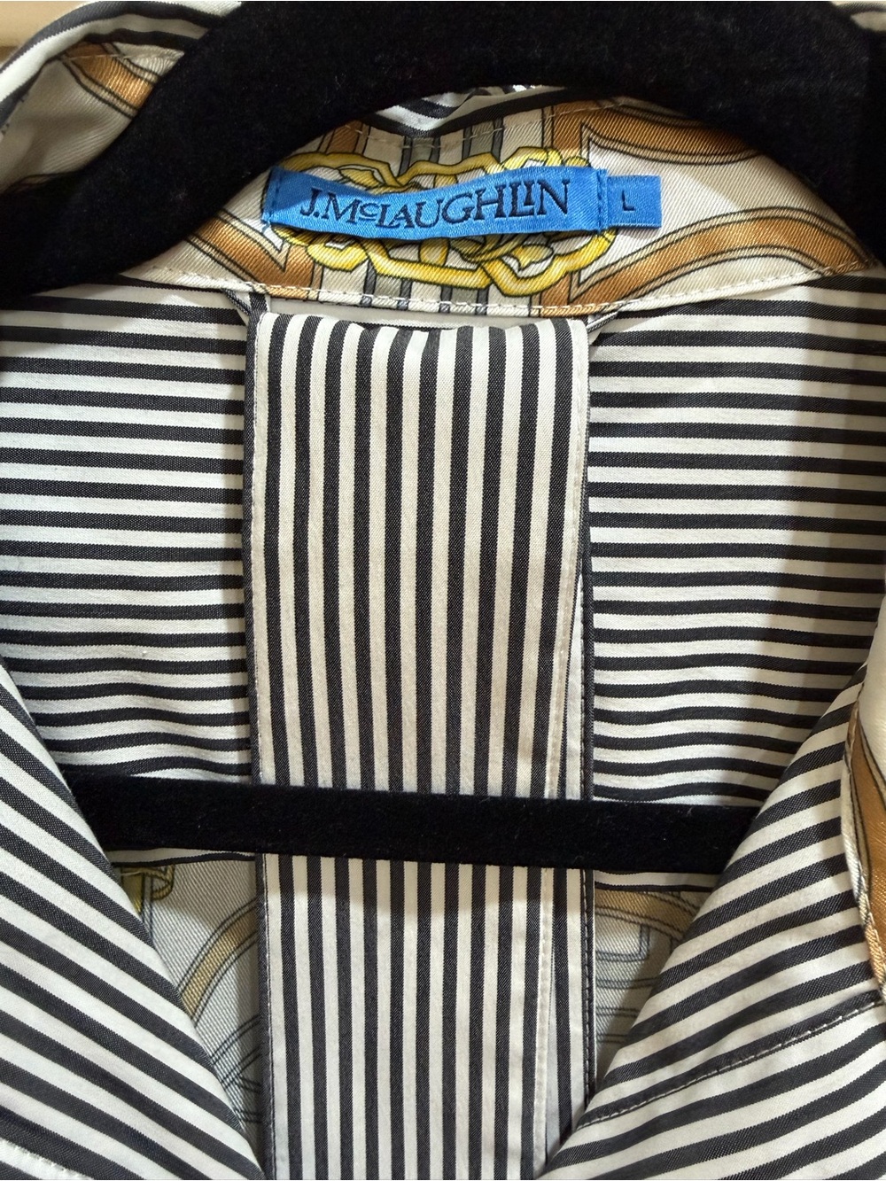 J. McLaughlin Black & White Striped Midi Shirt Dress with Chain-Print Trim - Picture 2 of 4